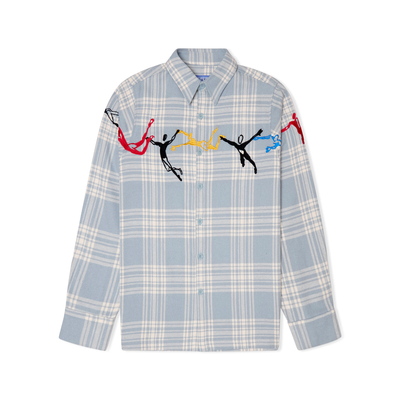 Embroidered Swinging Figures Flannel Shirt [Blue]