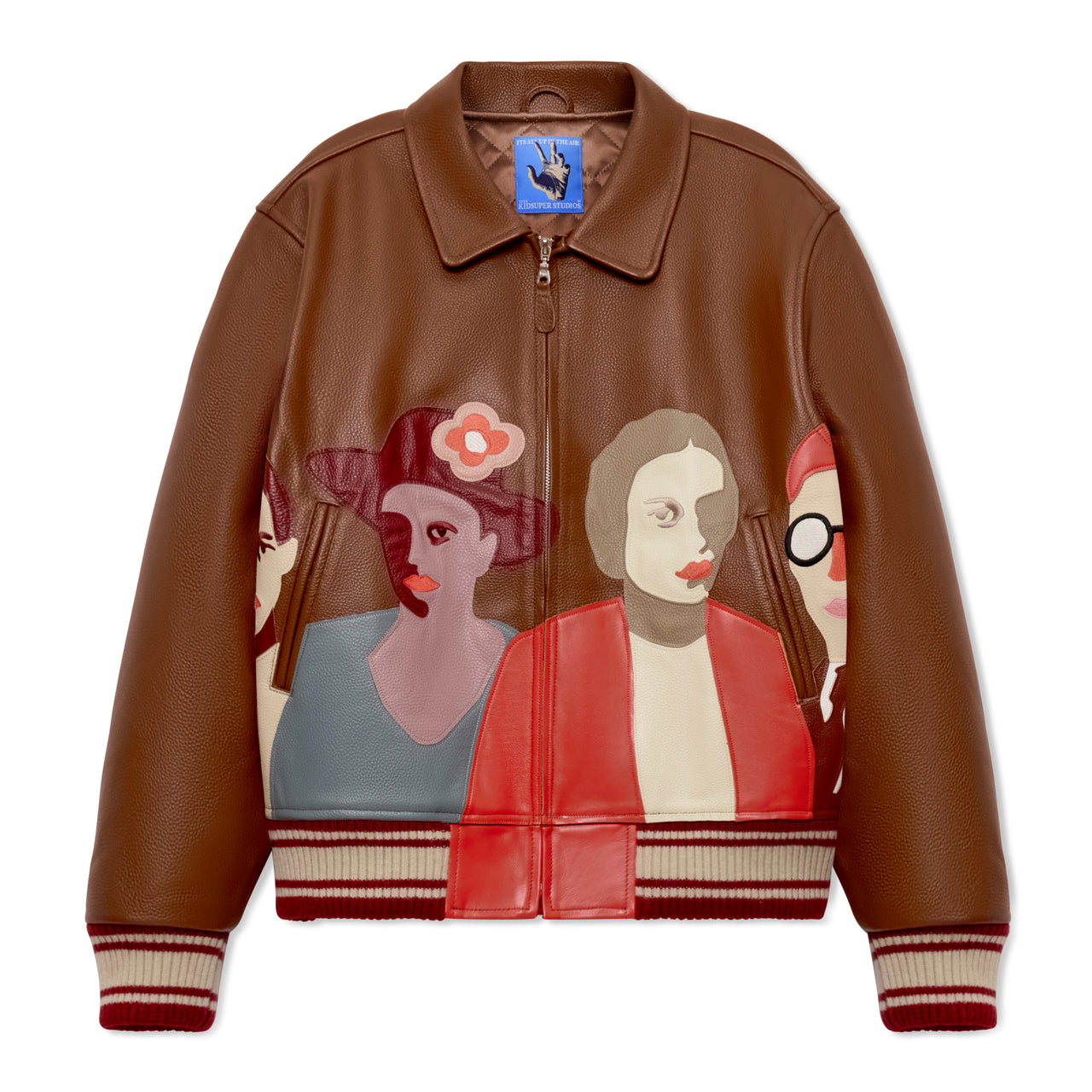 Patchwork Portraits Leather Varsity Jacket [Brown]