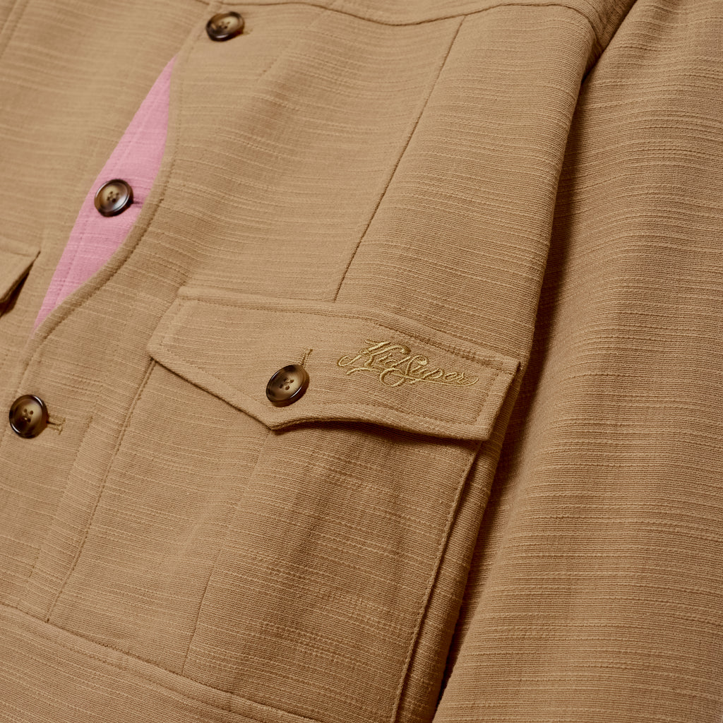 Pocket Detail Cropped Linen Coat [Light Brown]