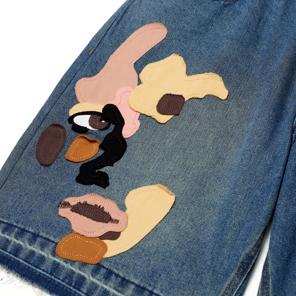 Face Patchwork Baggy Shorts [Light Wash]