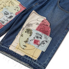 Boy & Girl Doodles Patchwork Baggy Shorts [Dark Wash]