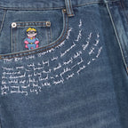 Embroidered Paintings Balloon Pants [Blue]