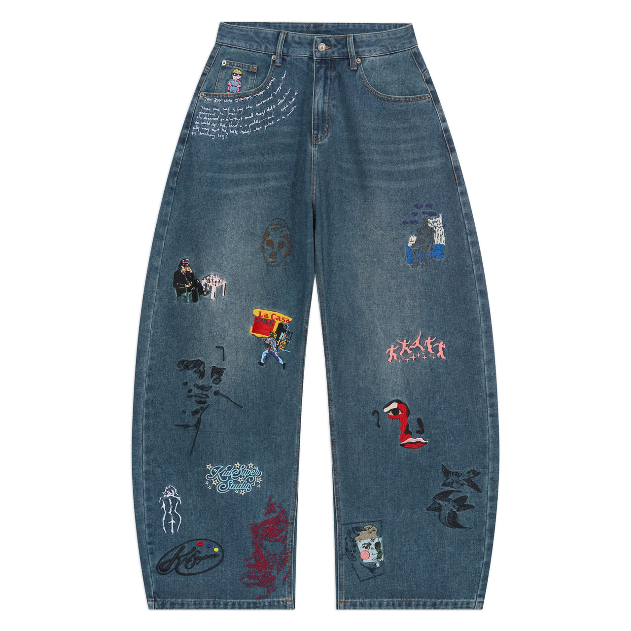 Embroidered Paintings Balloon Pants [Blue]