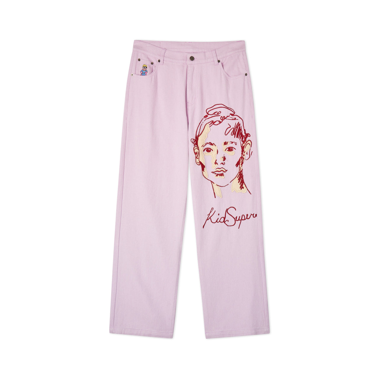 Embroidered Girl Face Denim Pants [Lavender]