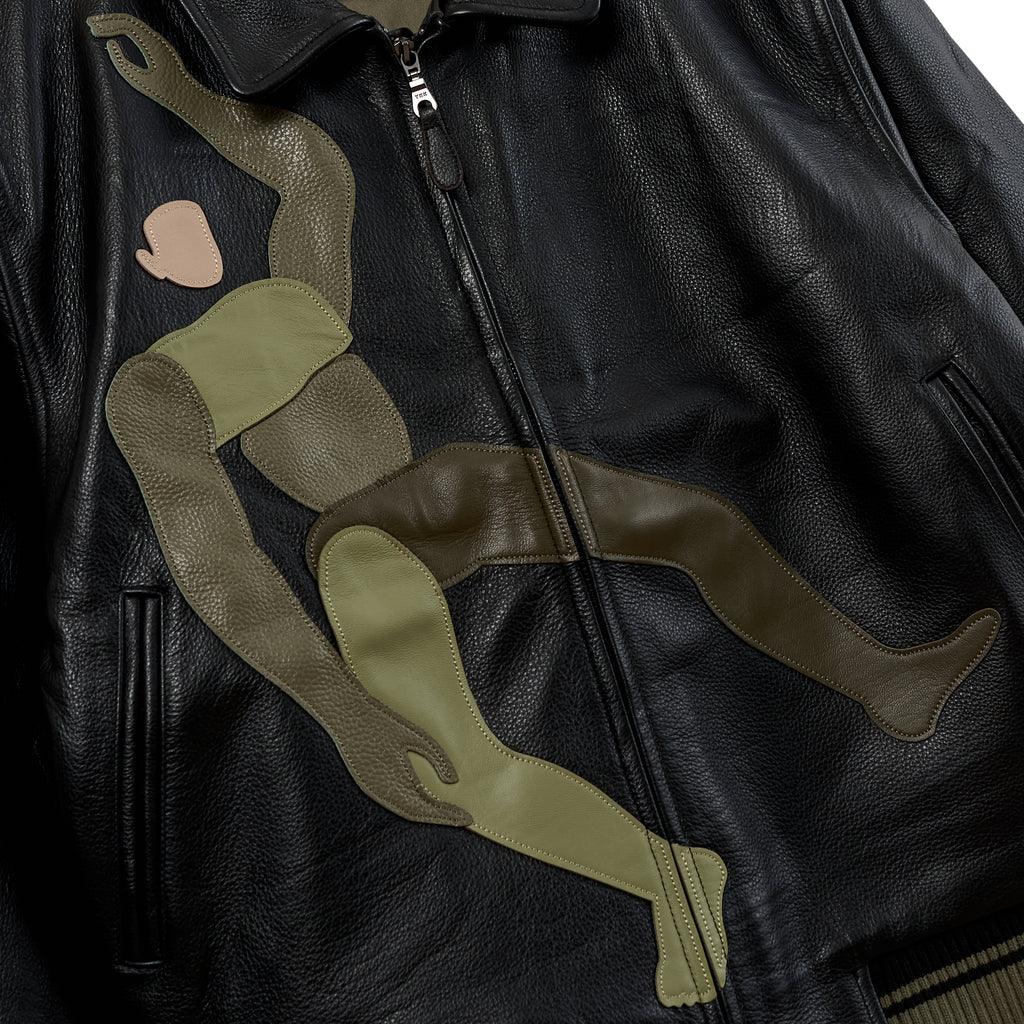 Falling Guy Soft Leather Varsity Jacket [Black]