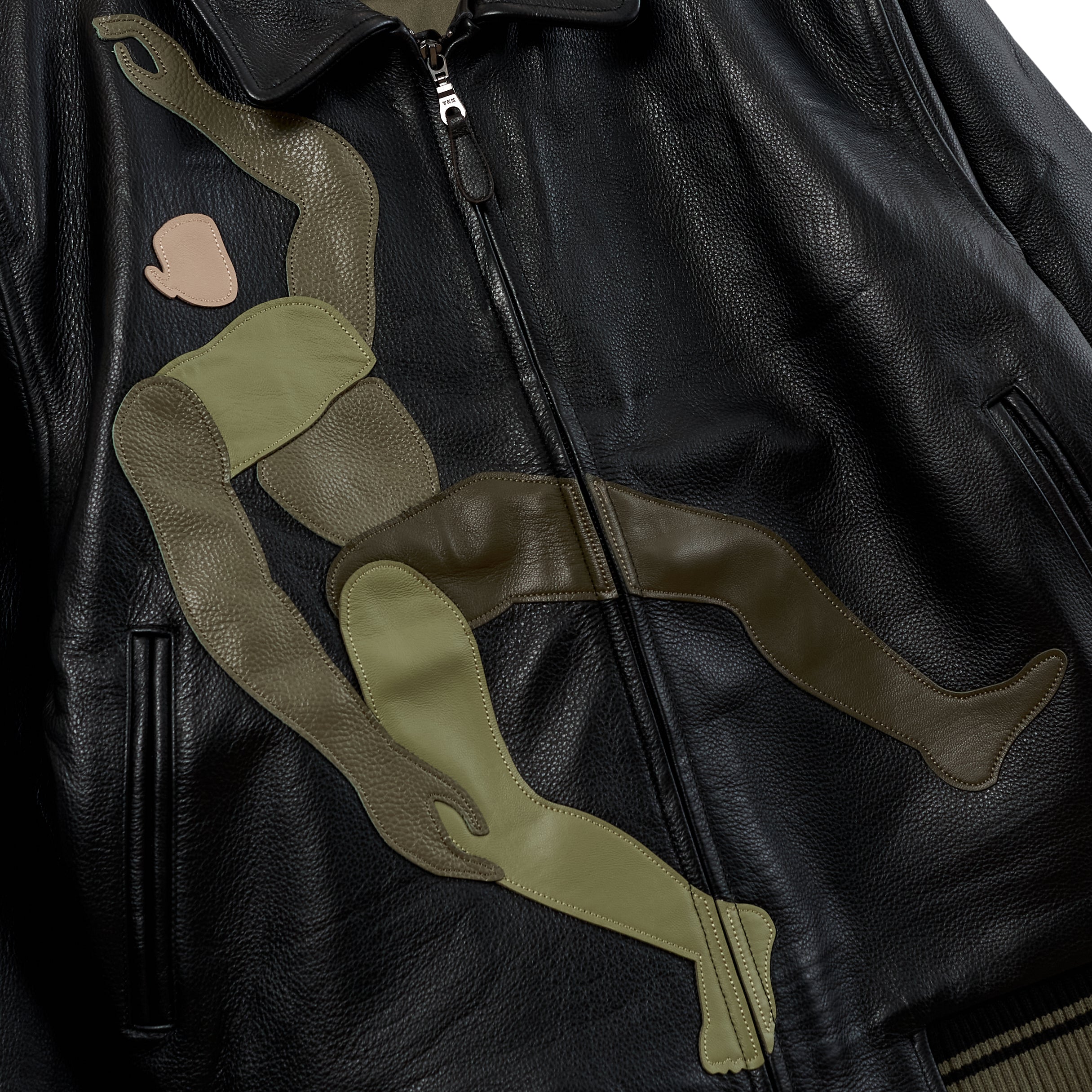 Falling Guy Soft Leather Varsity Jacket [Black]