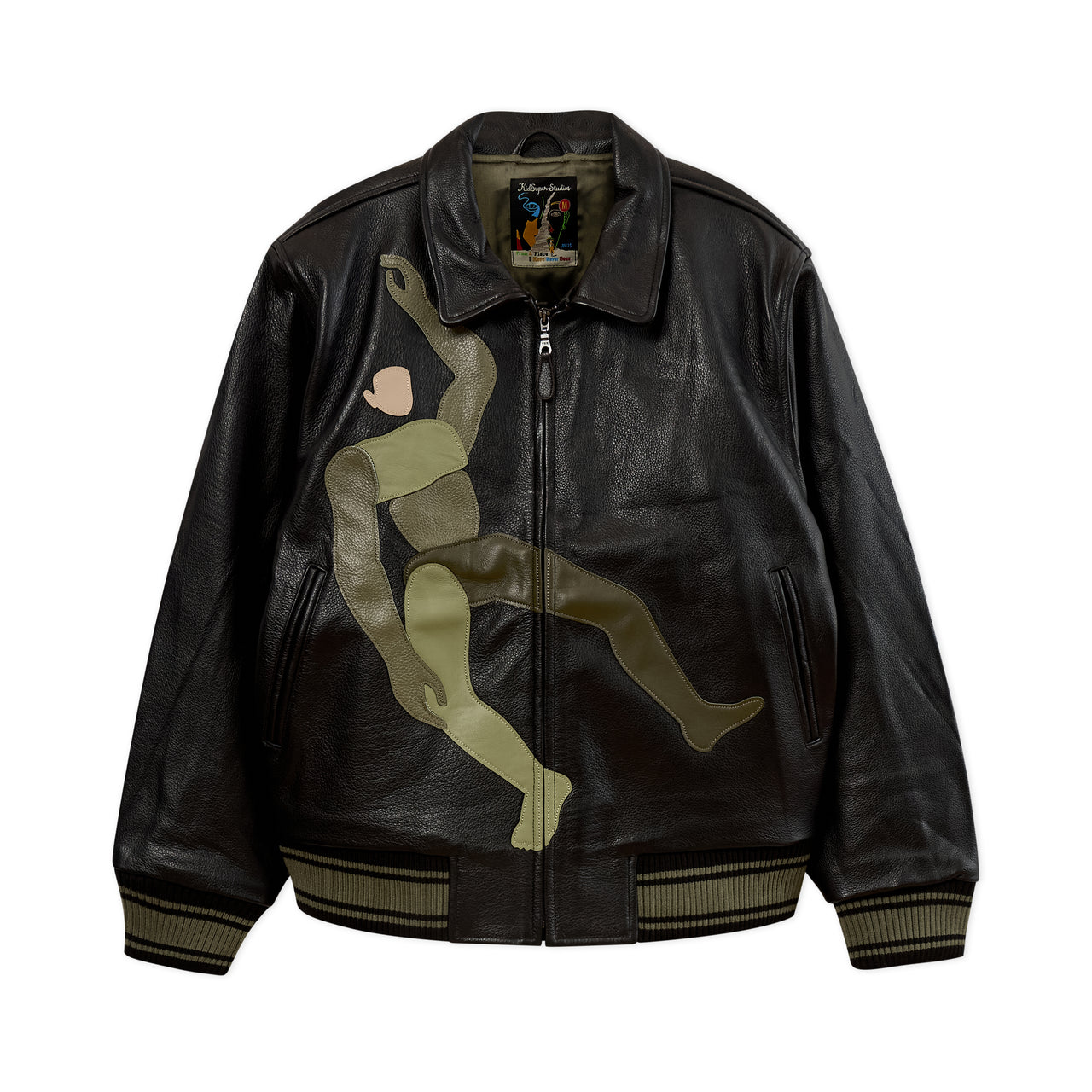 Falling Guy Soft Leather Varsity Jacket [Black]