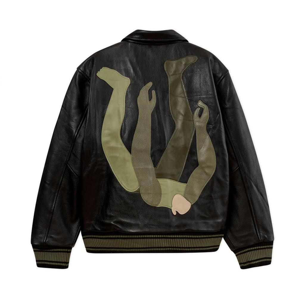 Falling Guy Soft Leather Varsity Jacket [Black]