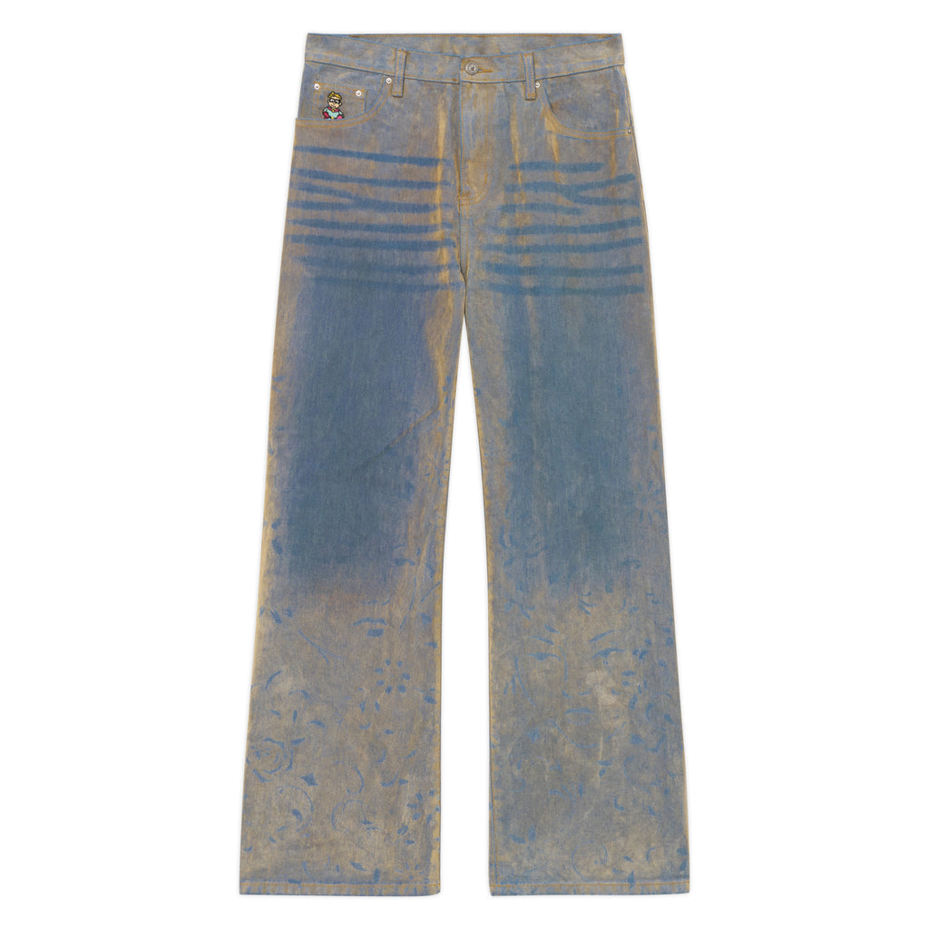 Face Floral Flocked Denim Jean [Brown / Blue]