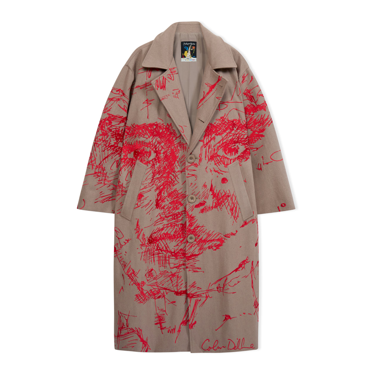 Hatched Embroidered Face Trench Coat [Cream]