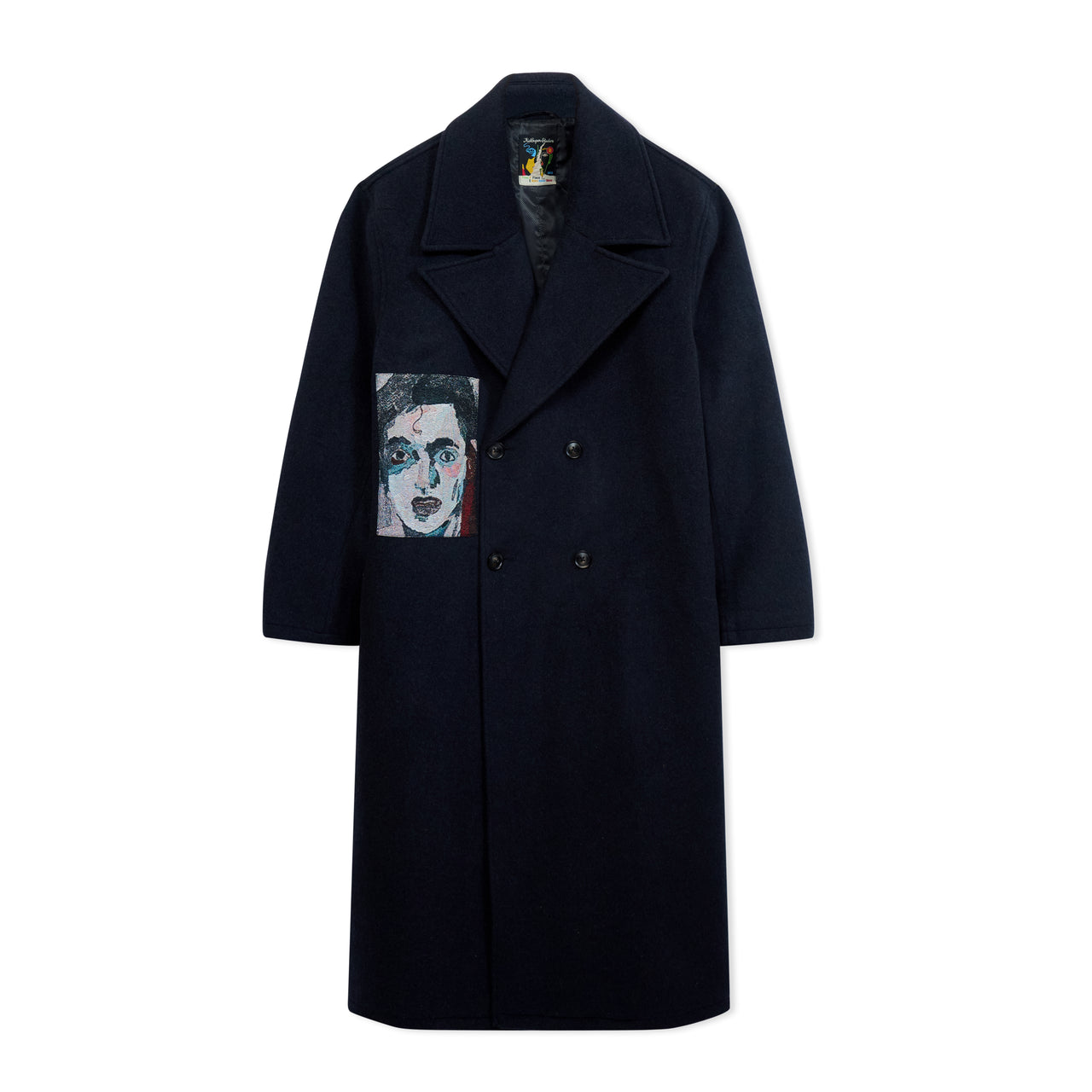 Jacquard Patches Wool Overcoat [Navy]
