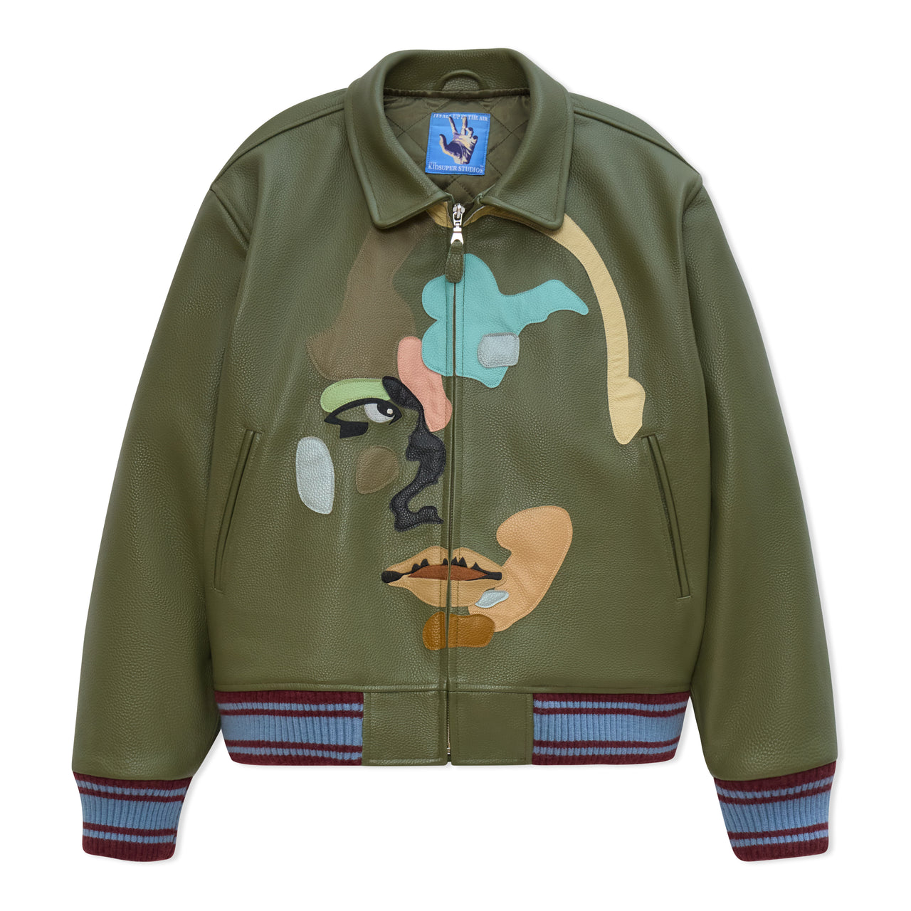 Patchwork Face Leather Varsity Jacket [Green]