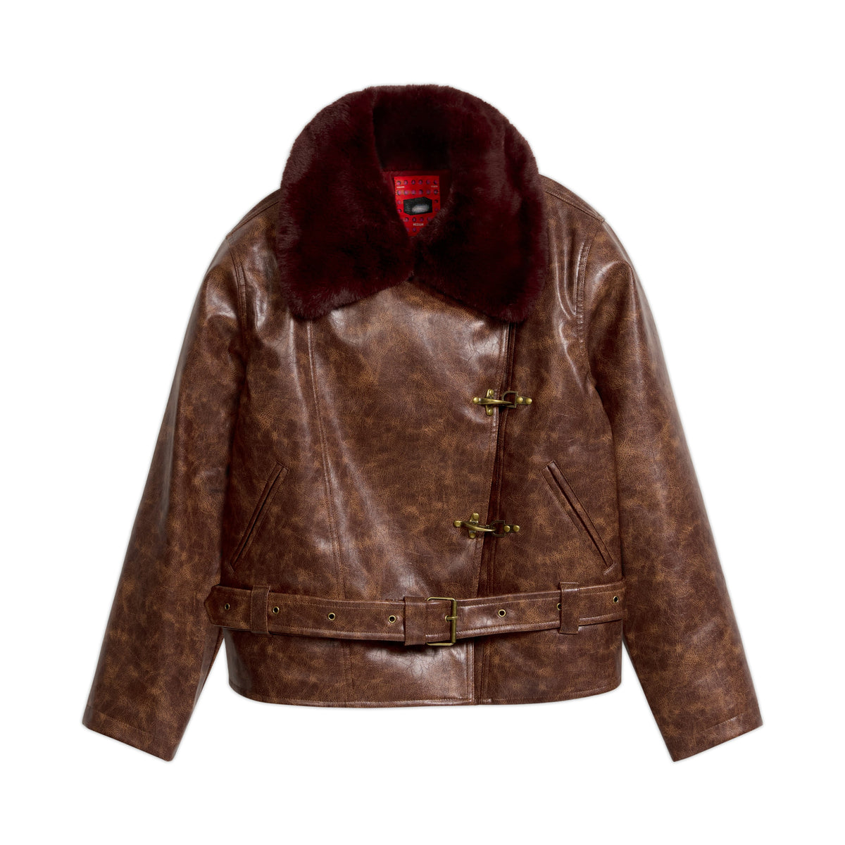 Fur Collar Vegan Leather Jacket [Brown]