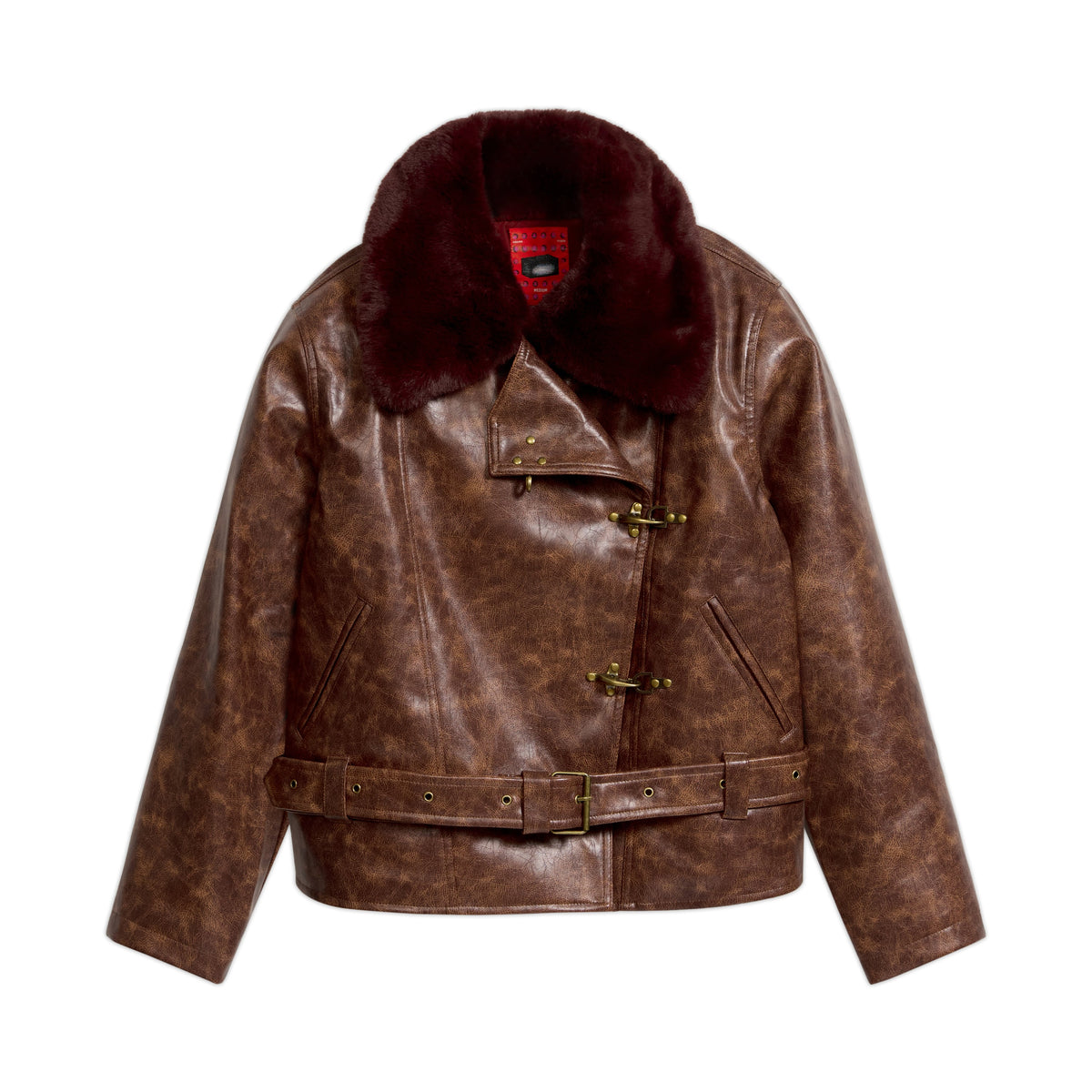 Fur Collar Vegan Leather Jacket [Brown]