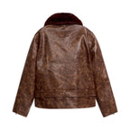 Fur Collar Vegan Leather Jacket [Brown]