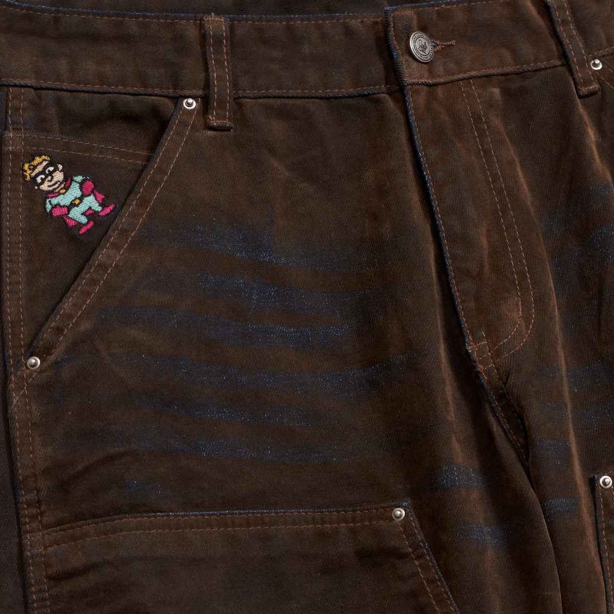 Eye Badge Washed Double Knee Flocked Pant [Brown]