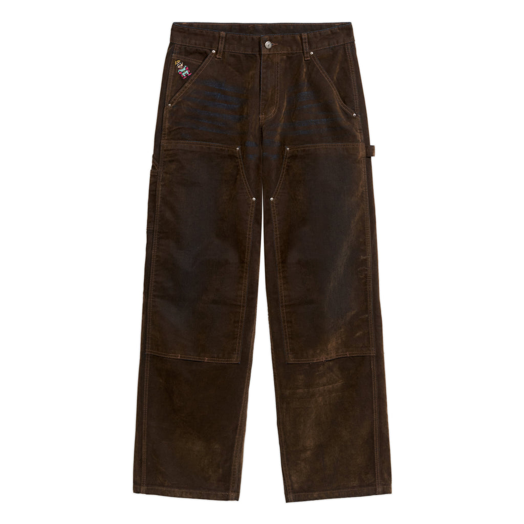 Eye Badge Washed Double Knee Flocked Pant [Brown]