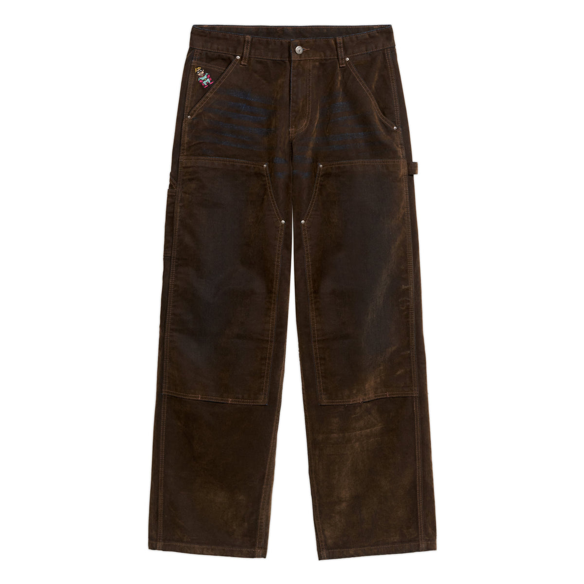 Eye Badge Washed Double Knee Flocked Pant [Brown]