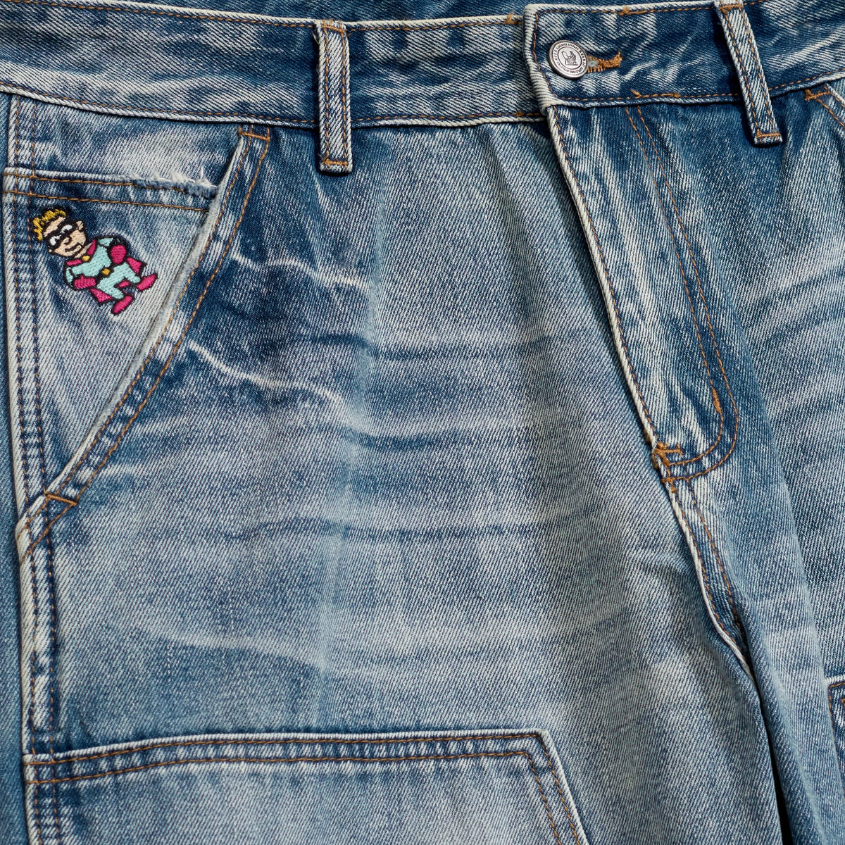 Eye Badge Washed Double Knee Pant [Washed Blue]