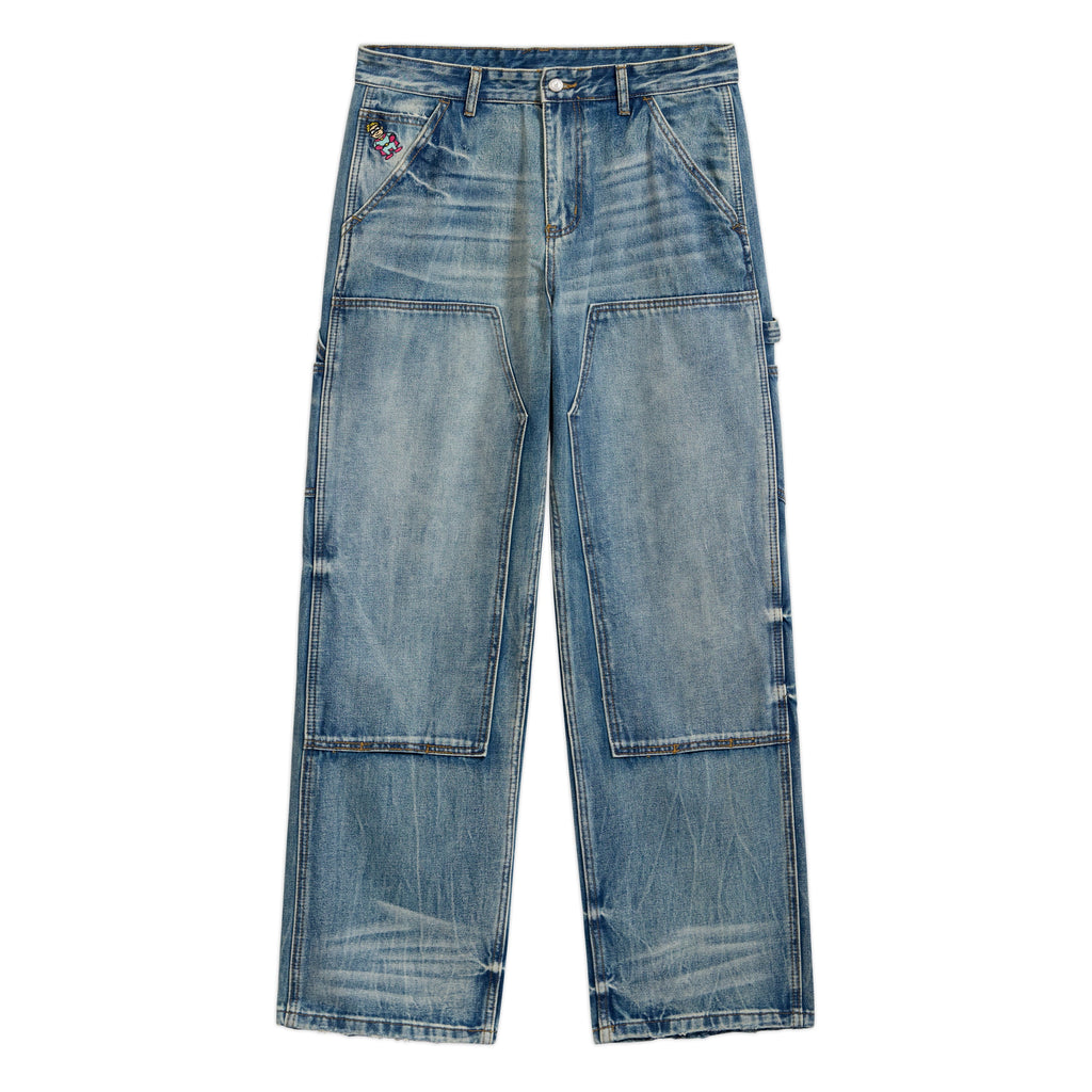 Eye Badge Washed Double Knee Pant [Washed Blue]