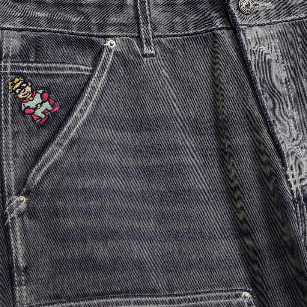 Eye Badge Washed Double Knee Flocked Pant [Washed Gray]