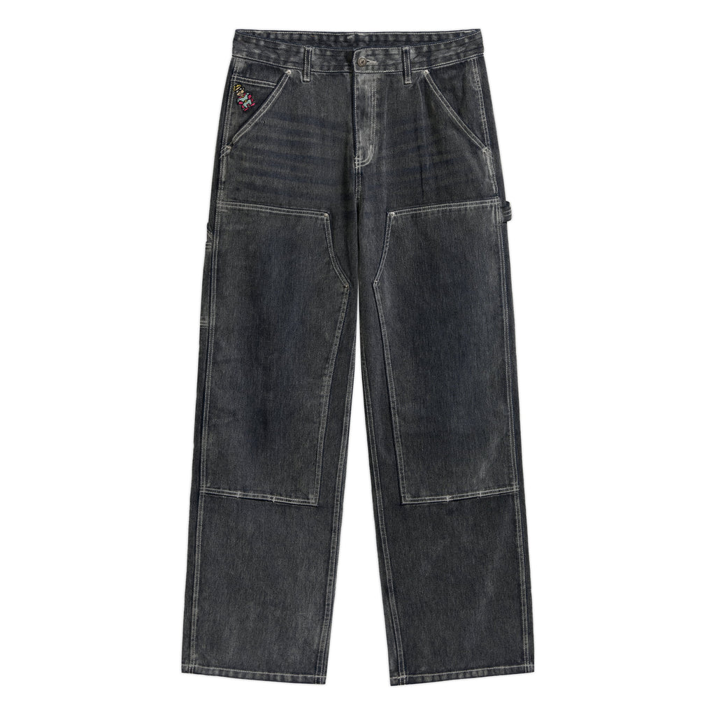 Eye Badge Washed Double Knee Flocked Pant [Washed Gray]