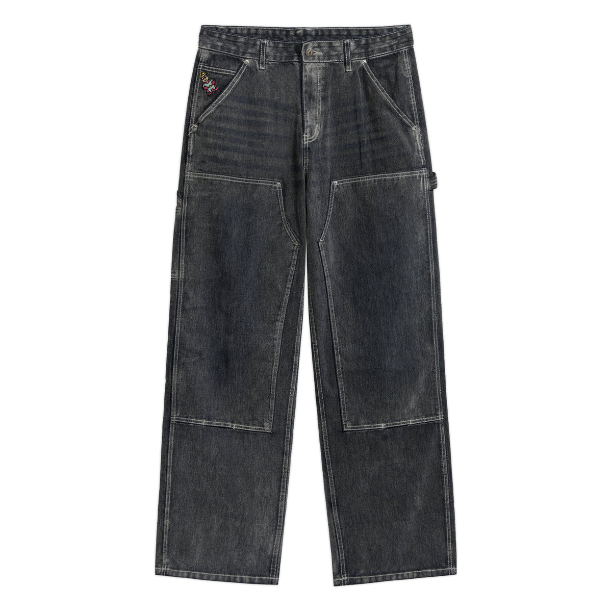 Eye Badge Washed Double Knee Flocked Pant [Washed Gray]