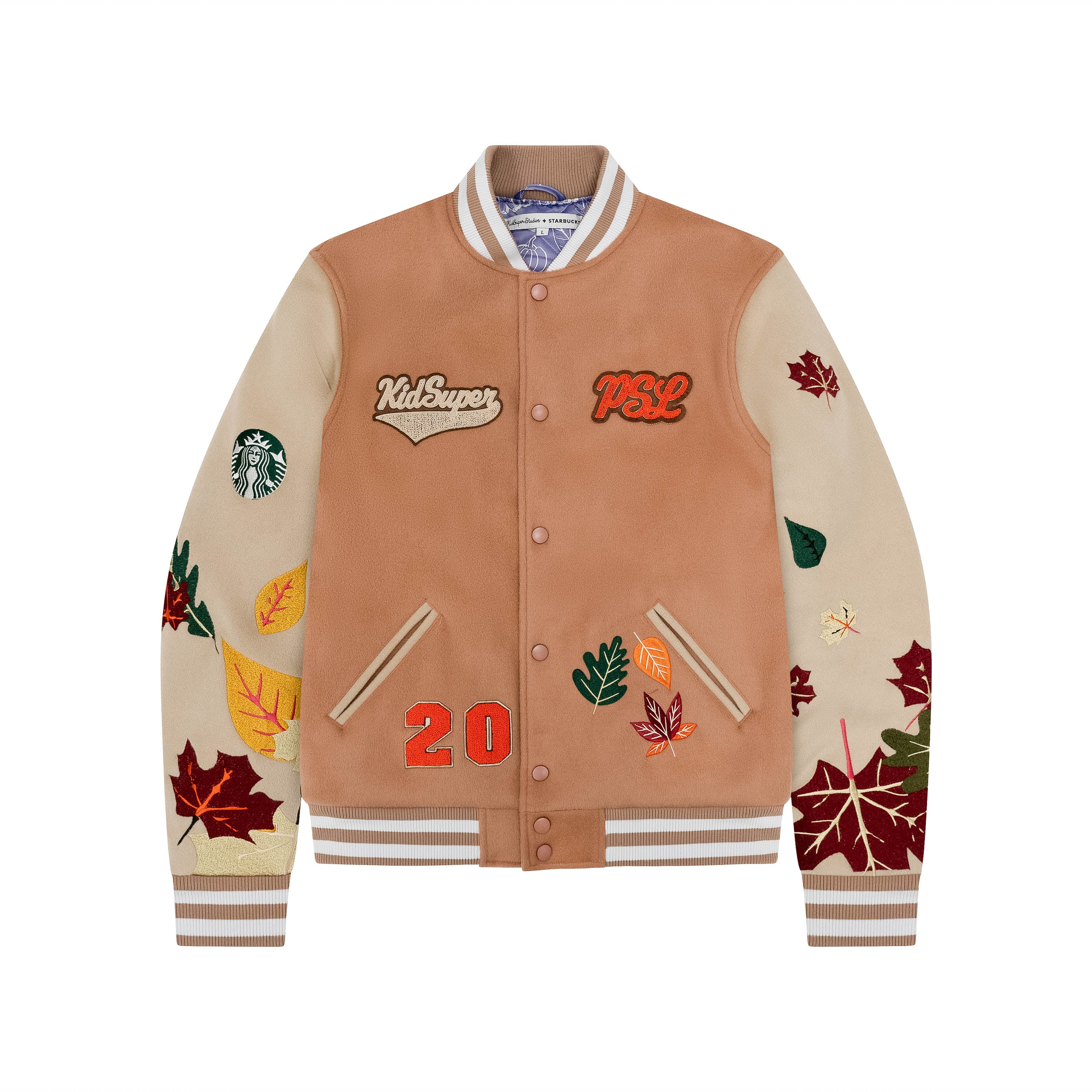 Celebratory Seasonal Cafe Jackets : KidSuper Studios x Starbucks Team PSL  Varsity jacket