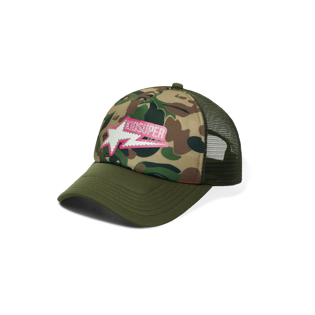 BAPE X KIDSUPER BAPE STA LOGO RHINESTONE TRUCKER CAP [GREEN]
