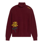 Rib Knit Flower Embroidered Turtle Neck [Red]