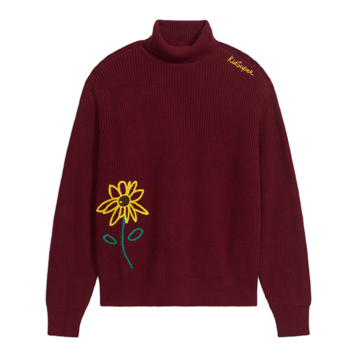 Rib Knit Flower Embroidered Turtle Neck [Red]
