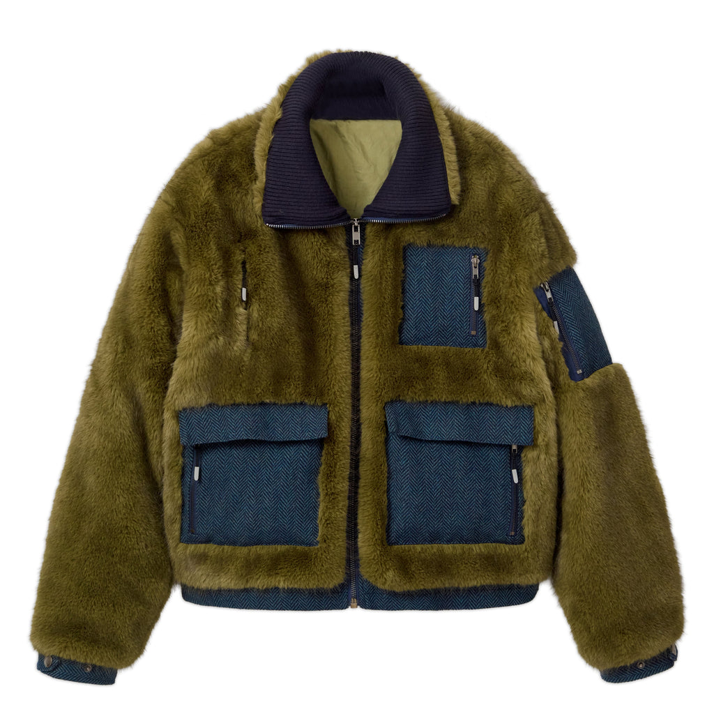 Fur & Herringbone Coat [Green]