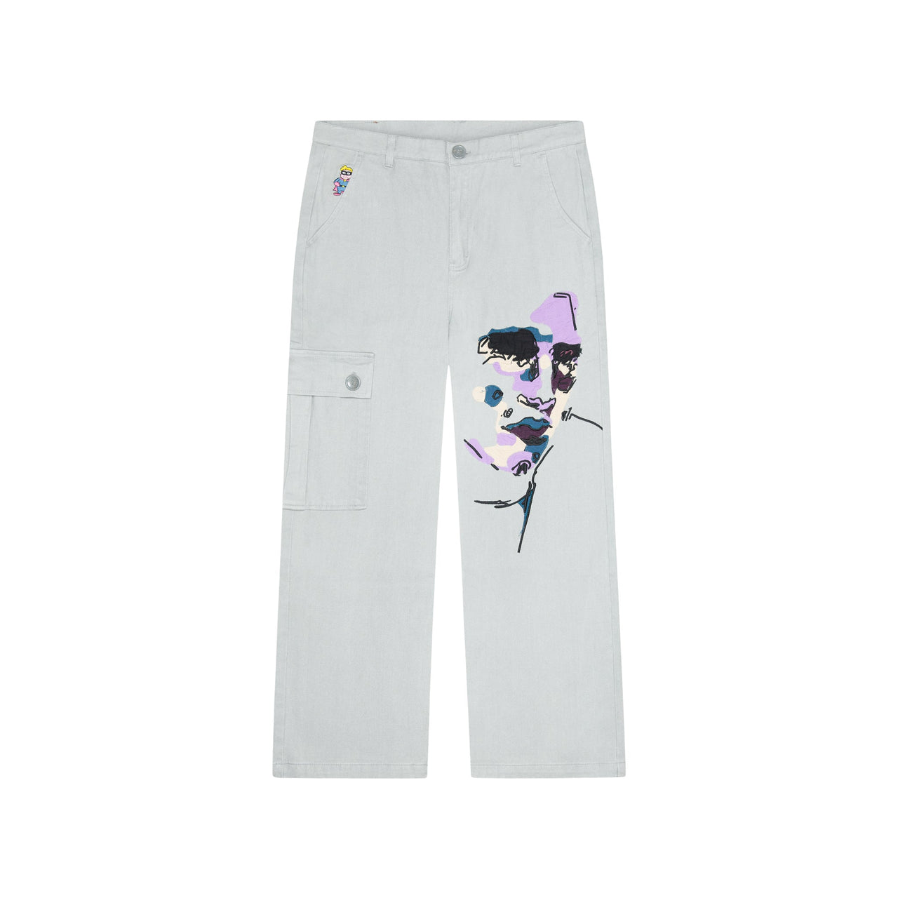 Face Embroidered Denim Pants [Grey]